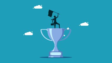 İş zaferi. Kazanan bir kupa vektör illüstrasyonunda iş adamı bayrak kaldırıyor