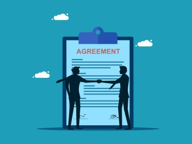 Anlaşma ya da işbirliği. İş adamları iş anlaşması belgesi vektörünü imzaladıktan sonra el sıkışıyor
