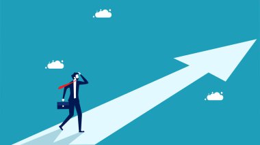 Bir amaç bulmak ya da hayatın anlamını bulmak. Okun üzerindeki işadamı gelecekteki hedef vektörünü işaret ediyor