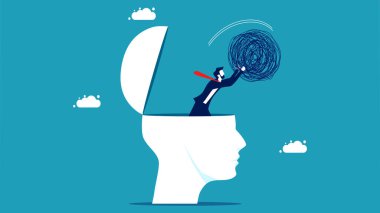 Temiz beyin. İş adamı beyindeki kaosu temizledi. vektör illüstrasyonu