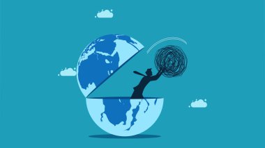 Dünyayı temizleyin. İş adamı dünyadaki kaosu ortadan kaldırır. vektör illüstrasyonu