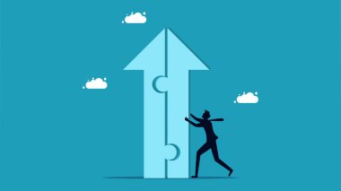 İş büyümesi. Büyüyen bir ok yapbozunu iten iş adamı. vektörler