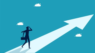 Bir amaç bulmak ya da hayatın anlamını bulmak. Oklu işadamı gelecekteki hedef vektörünü işaret ediyor