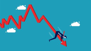 Ekonomik kriz ya da borsa çöküşü. İş adamı düşen bir grafik vektörüyle gökten düştü