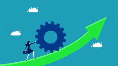 Gelecekteki büyüme için çabala. İş kadını dişlileri yukarı itiyor. vektör illüstrasyonu