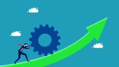 Gelecekteki büyüme için çabala. İşadamı okları yukarı itiyor. vektör illüstrasyonu