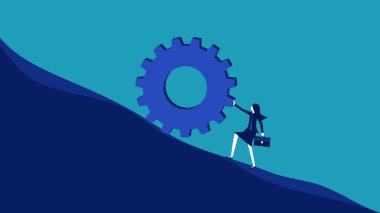 Başarı için çabala. İş kadını dişlileri tepeye itiyor. vektör illüstrasyonu