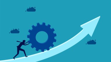  Gelecekteki büyüme için çabala. İşadamı okları yukarı itiyor. vektör illüstrasyonu