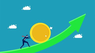 Para kazanmak için çabala. İş adamı okun üzerine bozuk para atıyor. vektör illüstrasyonu