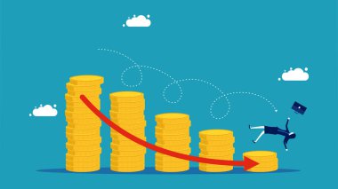Finans başarısız oldu. İş kadını, düşen para yığınından düşüyor. vektör illüstrasyonu