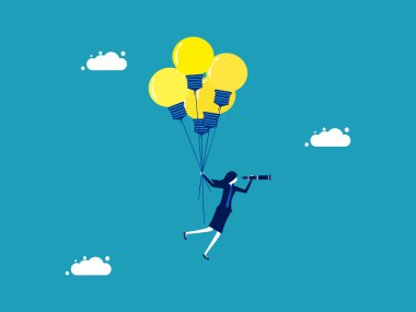 İş görüşü. İş kadını dürbünleri ve ampul balonları ile yüzüyor. vektör illüstrasyonu