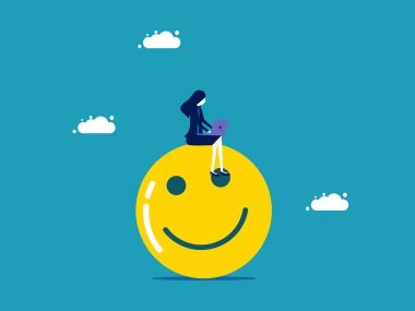 İş mutluluğu ya da iş aşkı. Gülümseyen yüz vektörü üzerinde çalışan bir iş kadını