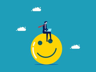 İş mutluluğu ya da iş aşkı. Gülümseyen yüz vektörü üzerinde çalışan bir iş adamı