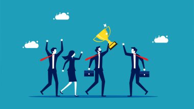 Kazanan ya da Liderlik ya da Şampiyon Kutlaması. İş adamları ve takım arkadaşları ödül kazanan başarı vektörünü kutladılar