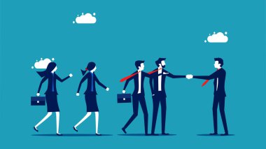 Ofise hoş geldin. İş adamları, takım vektörüne hoş geldin demek ve yeni çalışanları tanıtmak için el sıkışıyor.