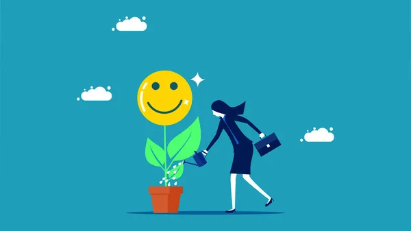 Rozwijaj Pozytywny Nastrój Businesswoman Sadzenie Drzew Uśmiechnięty Wektor Twarzy — Wektor stockowy