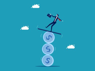 Finansal istikrarsızlık. Dengesiz madeni paralar üzerine yatırımcı. vektör illüstrasyonu