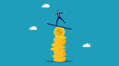 Finansal istikrarsızlık. Dengesiz madeni paralar üzerine yatırımcı. vektör illüstrasyonu