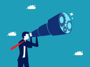 İş görüşü. İşadamı, dişli dişlilerin çalıştığını görmek için dürbünle bakıyor.