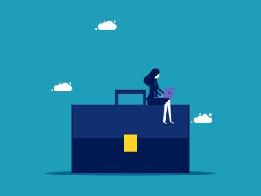 Profesyonel ya da idari beceriler. Evrak çantası vektöründe dizüstü bilgisayarla çalışan bir iş kadını.