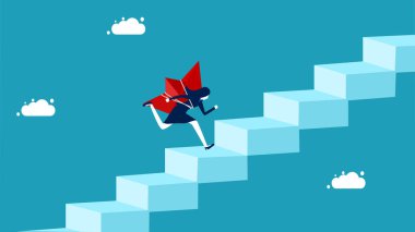 Bir lider olmak için adımlar. Merdiven boşluğunda kağıt teknesi olan bir iş kadını.