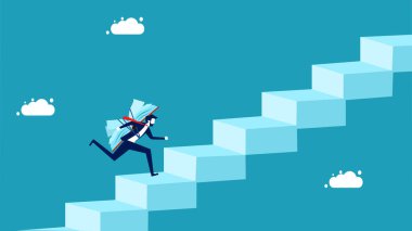 Bilgiyle başarıya ulaşın. Kitapları merdiven vektörü üzerinde çalışan bir işadamı