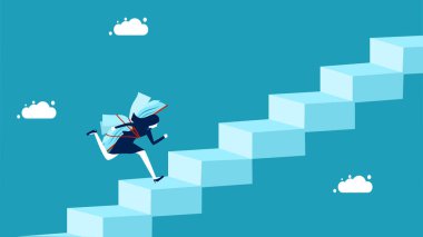 Bilgiyle başarıya ulaşın. Kitapları merdiven vektörüyle çalışan iş kadını