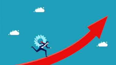 Sabırlı ol ve başarı için çok çalış. Büyüme oku vektöründe çalışan teçhizatlı iş adamı