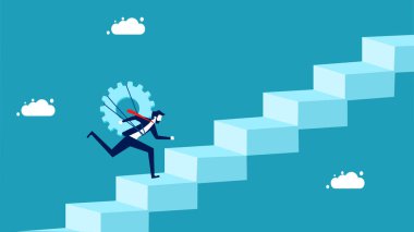 Sabırlı ol ve başarı için çok çalış. Merdiven vektörüyle çalışan çarklı bir işadamı.