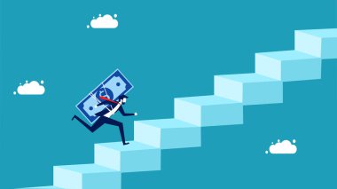 Uzun vadeli yatırım süreci ve finansal başarı. Banknotları merdiven vektöründe çalışan bir işadamı