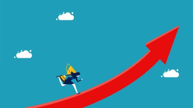 Bir iş kazan. Artan ok vektörüyle çalışan ödül sahibi iş kadını.