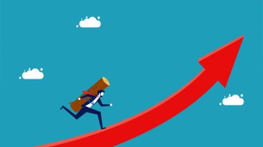 Sabır ve çaba. Yükünü taşıyan işadamı büyüyen ok vektörüyle çalışır.