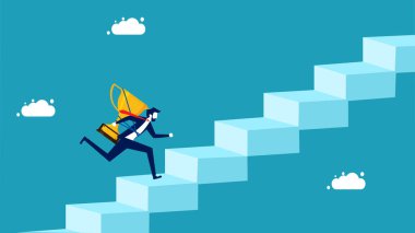 Kazan ve başarılı ol. Merdiven vektöründe ödül taşıyan bir iş adamı.