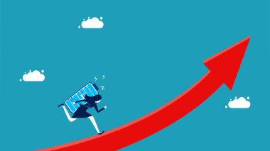 Çalışmak için tam enerji. Bataryası dolu bir iş kadını ok vektörüyle çalışır