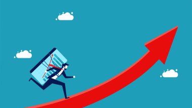 İlerliyor ve büyüyor. İlerici iş adamı ok vektörüyle çalışıyor