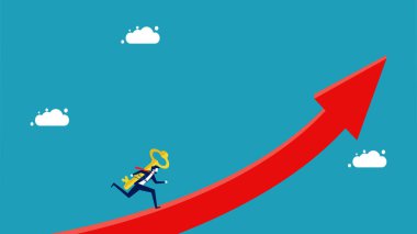 Başarıların kilidini aç ve büyüme ipuçları kazan. Başarı anahtarına sahip iş adamı bir ok vektörü üzerinde çalışır