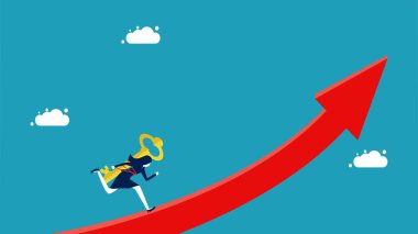 Başarıların kilidini aç ve büyüme ipuçları kazan. Başarı anahtarına sahip iş kadını bir ok vektörüne bağlı