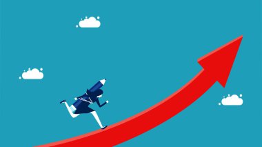 Düşünme ve geliştirme. Büyüyen bir ok vektöründe çalışan kalemli bir iş kadını