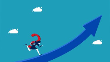 Düşünme ve problem çözme. Artan bir ok vektörü üzerinde çalışan soru işareti olan iş kadını