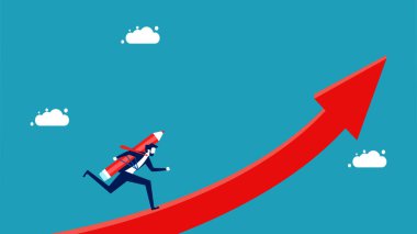 Düşünme ve geliştirme. Büyüyen bir ok vektörü üzerinde çalışan bir kalemle iş adamı