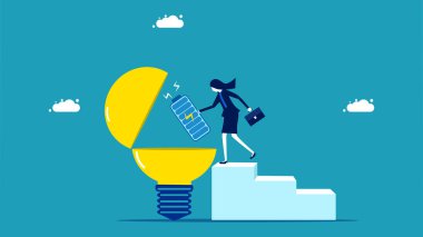 Yaratıcılığı arttır. İş kadını bir ampul yakıyor. iş konsepti vektör illüstrasyonu