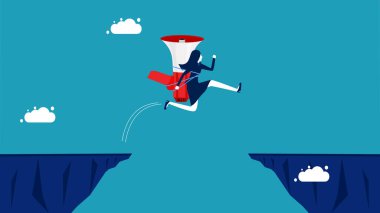 Pazarlama İletişiminin Riskleri ve Engelleri. Elinde megafon olan iş kadını boşluk vektörünün üzerinden atlıyor.