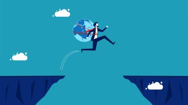 Küresel ekonominin riskleri ve engelleri. Küresel bir işadamı boşluğun üzerinden atlıyor.