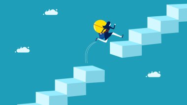 Bilgi riskleri ve engelleri aşmaya yardımcı olur. Ampullü bir iş kadını boşluktan atlıyor. vektör illüstrasyonu