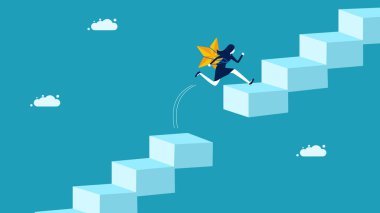 Riskleri ve engelleri aşmak. Yıldızlı bir iş kadını boşluktan atlıyor. vektör illüstrasyonu