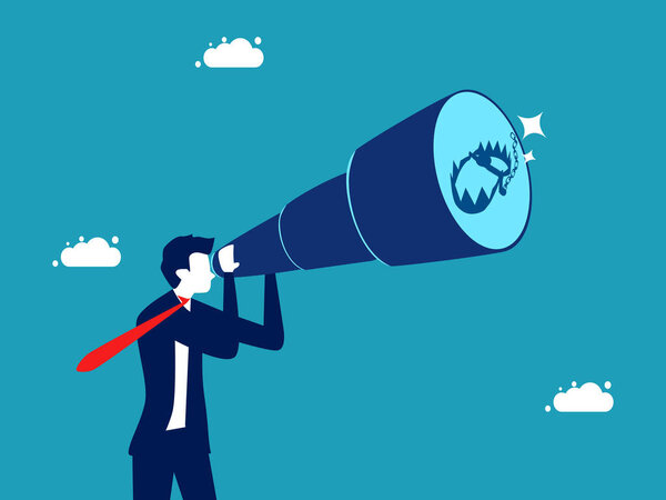 Видение бизнес-ловушки. бизнесмен смотрит в бинокль, чтобы увидеть вектор ловушек