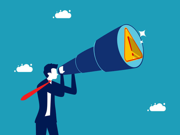 Видение деловой тревоги. бизнесмен смотрит через бинокль, чтобы увидеть восклицательный знак вектор