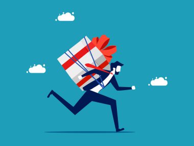 İkramiyeler için çabala. Elinde hediye kutusu olan bir iş adamı öne doğru koşar. iş kavramı 