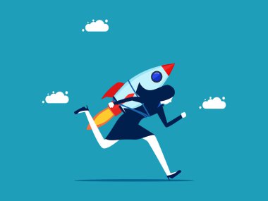 Yeniliğe adanmış. Roketleri olan bir iş kadını. vektör