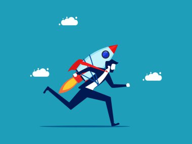 Yeniliğe adanmış. Önünde roketler olan bir iş adamı. vektör